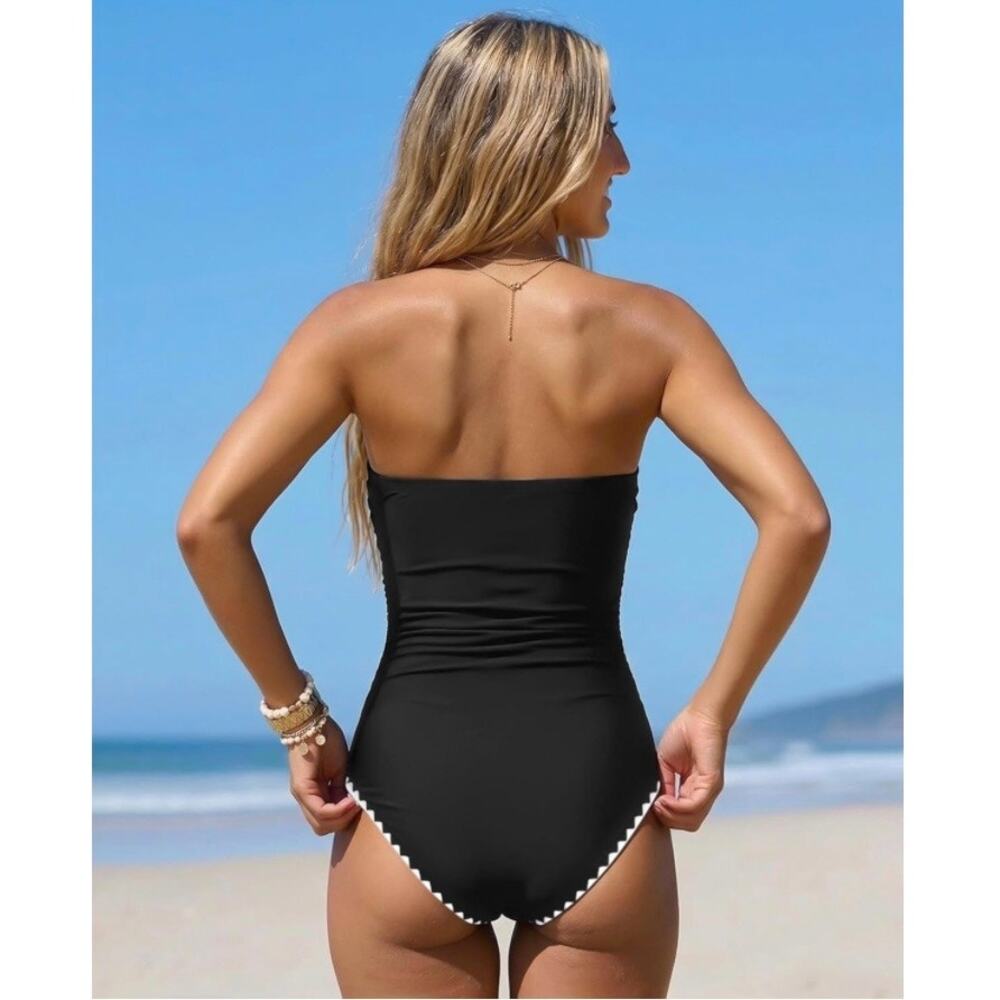 Holipick Women Black Strapless Bandeau One Piece Swimsuit Tummy Control XXL NWT - Picture 2 of 8